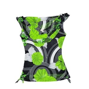 Y2K Mesh Cowl Neck Black + Green Graphic Floral Top Small w/ White Swirls Rave
